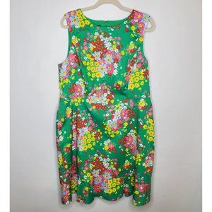 Talbots Womens A Line Dress Size 16 Green Floral Sleeveless Flounce Hem Spring